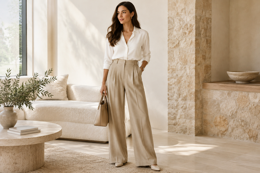 A woman wearing an ivory blouse and tailored sand-colored trousers in a softly lit modern setting.
