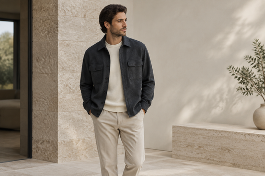 A man wearing a charcoal overshirt, cream knit top, and neutral trousers in a softly lit modern setting.