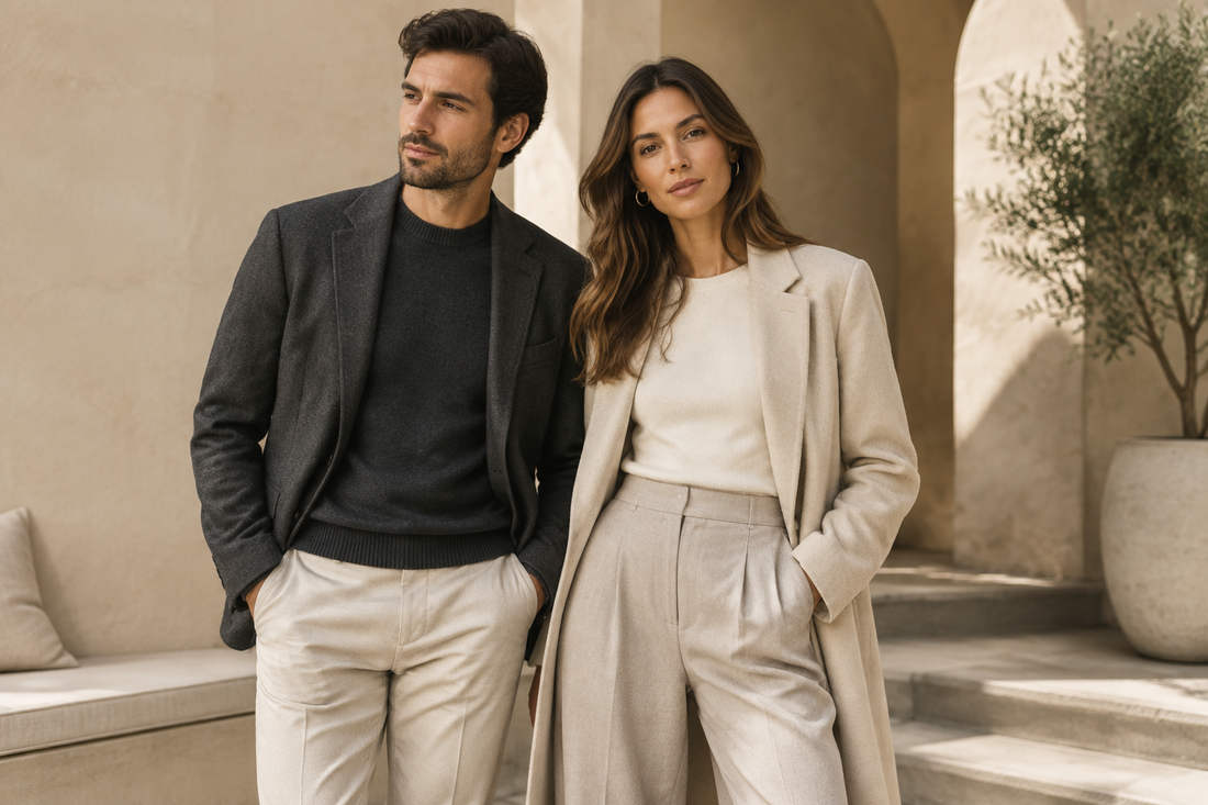 A man and woman wearing refined neutral everyday outfits in a warm modern setting.
