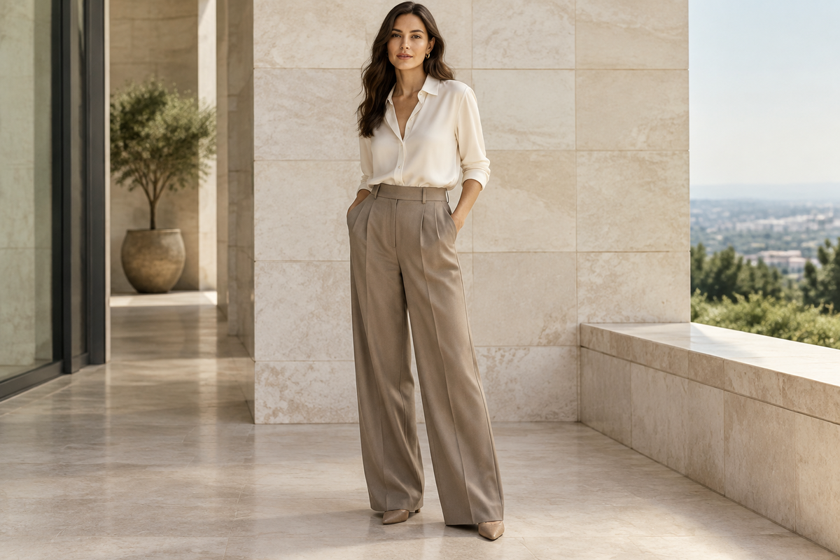 A woman wearing an ivory blouse and tailored neutral wide-leg trousers in a light stone setting.