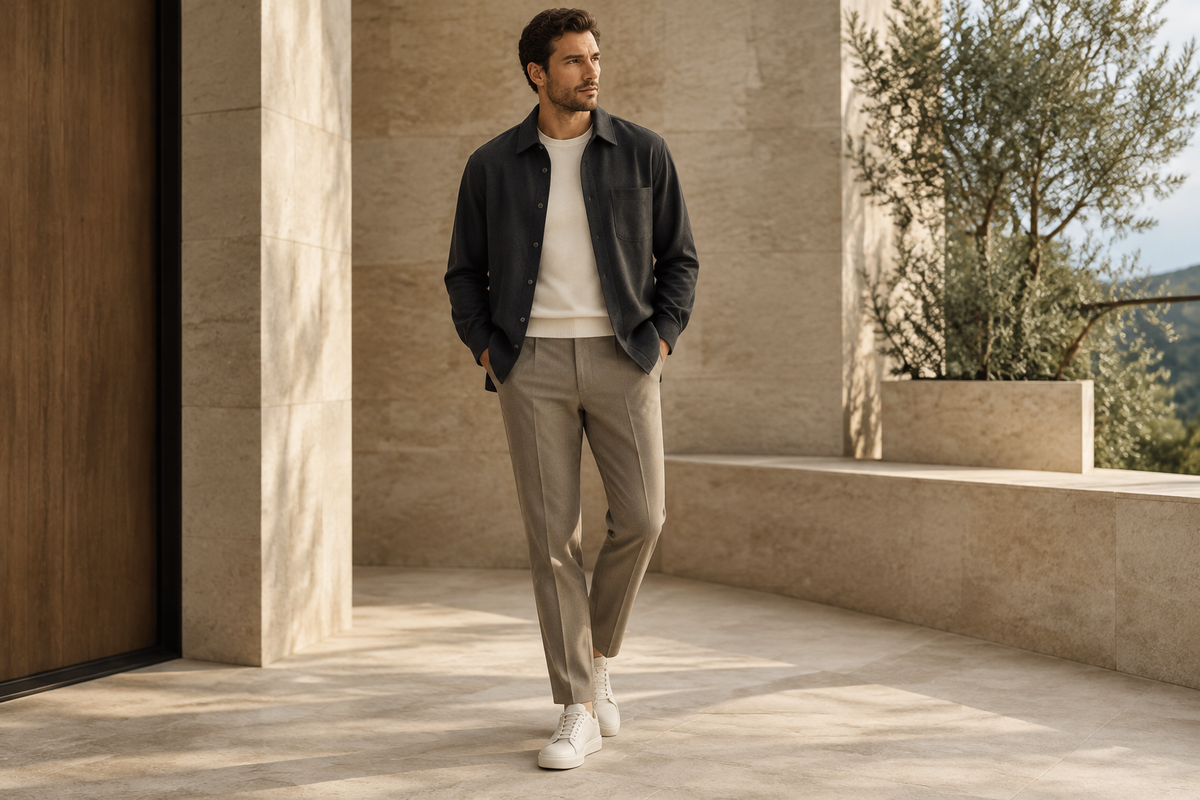 A man wearing a charcoal overshirt, cream crewneck, and neutral trousers in a modern stone setting.