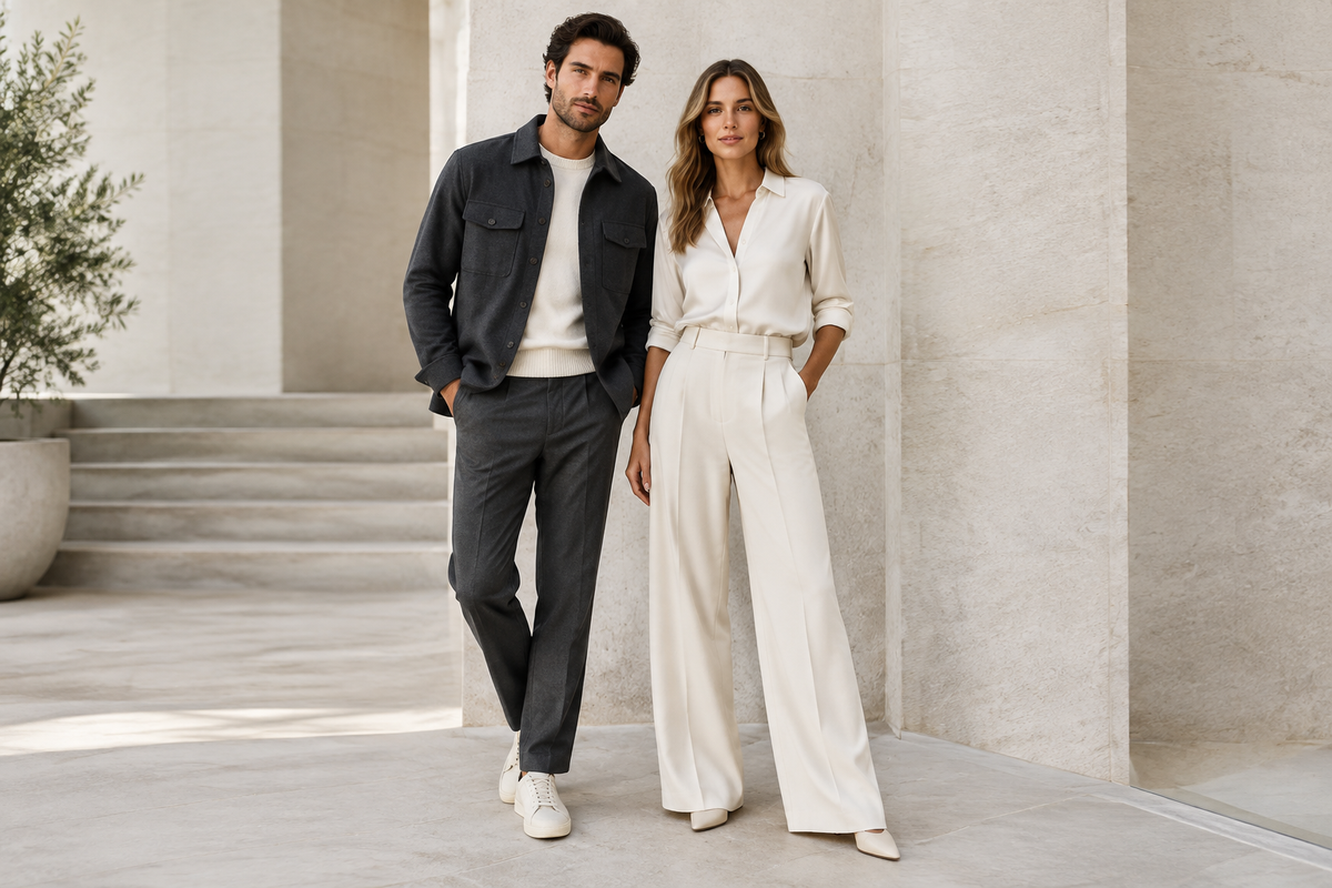 A man and woman wearing refined neutral outfits together in a modern stone setting.